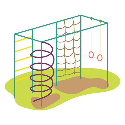 Colorful playground equipment with swings, ladder, and spiral. Flat style kids outdoor play area vector illustration.
