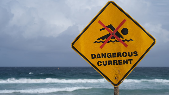 Dangerous warning boards for swimming at the beach