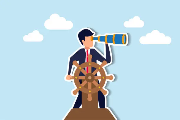 Vector illustration of Business leadership and visionary to lead company success, career direction or work achievement concept, smart businessman boat captain control steering wheel helm with telescope vision.