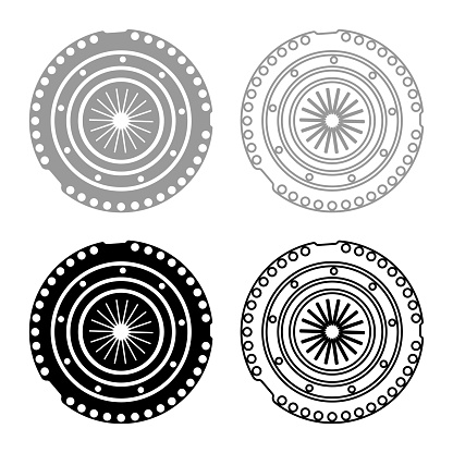 Car clutch basket cover cohesion transmission auto part plate kit repair service set icon grey black color vector illustration image simple solid fill outline contour line thin flat style