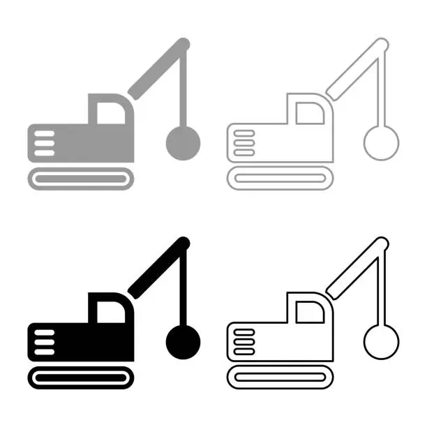 Vector illustration of Sloopkraan building machine demolish wrecking ball crane truck set icon grey black color vector illustration image solid fill outline contour line thin flat style