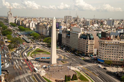 Aerial view of Obelisk on the Plaza de la República, Buenos Aires