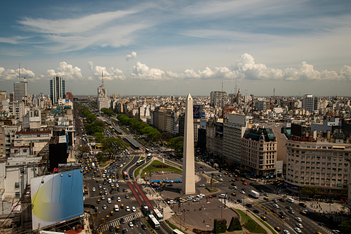 Aerial view of Obelisk on the Plaza de la República, Buenos Aires