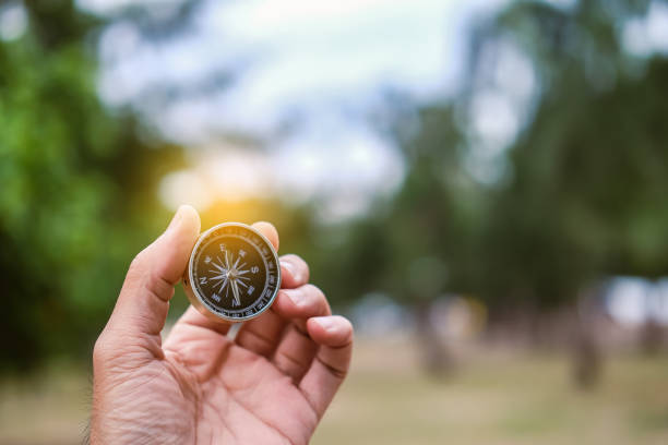 istock Hand holding compass on tree mountain and sea blurry background. Using wallpaper or background travel or navigator image. 2024 1938706338