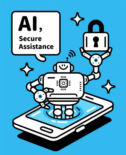 Vector illustration of An AI chatbot assistant appears on the smartphone screen and holds a lock