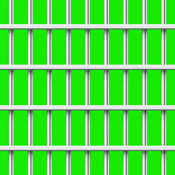 Vector illustration of Shiny metal prison bars isolated on green chroma key. Detailed jail cage, prison iron fence. Criminal background mockup. Vector illustration