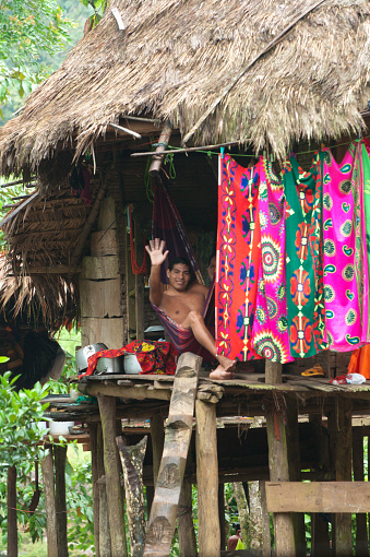 Soberania National Park, Panama - August 2, 2008: Embera Indian man waves from his hammock in his thatched hut on stilts, Embera Drua Village on the  Chagres  River, Central America