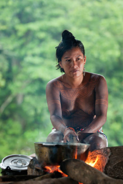 Soberania National Park, Panama - August 3, 2008: Embera woman cooks rice in a metal pot on an open flame in her hut, Embera Drua Village, Chagres  River, Central America