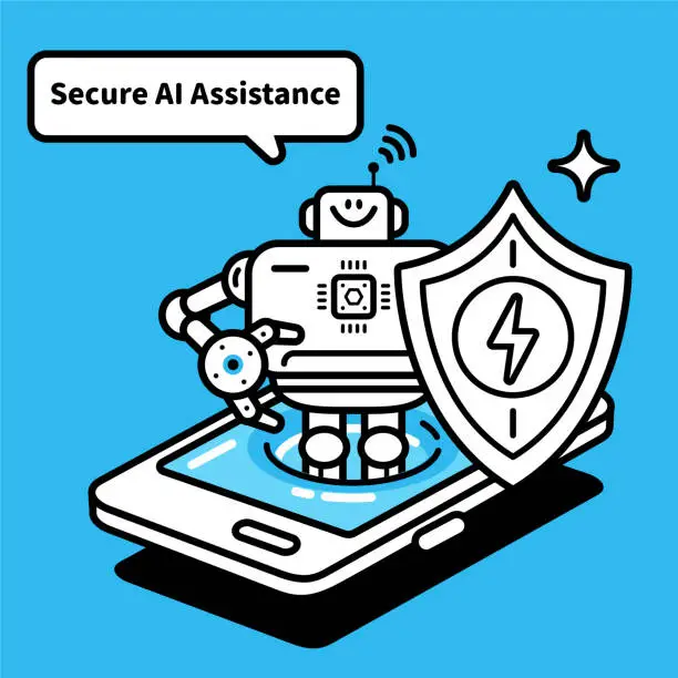 Vector illustration of An AI chatbot assistant appears on the smartphone screen and holds a shield, Guardian of Information