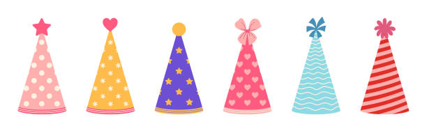 istock Party hat vector icon set. Colorful caps for birthday, festival, carnival, event. Cones with polka dots, stripes, stars, hearts. Paper headdress for kids. Flat clipart for holidays, isolated on white 1938795518