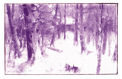Woods in the winter. The purple printmaking style could also be used as an abstract. Color illustration published 1896. Original edition is from my own archives. Copyright has expired and is in Public Domain.