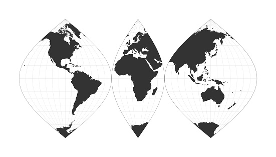 Map of The World. Interrupted sinusoidal projection. Globe with latitude and longitude net. World map on meridians and parallels background. Vector illustration.