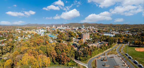 Aerial view of Asheville, North Carolina in fall