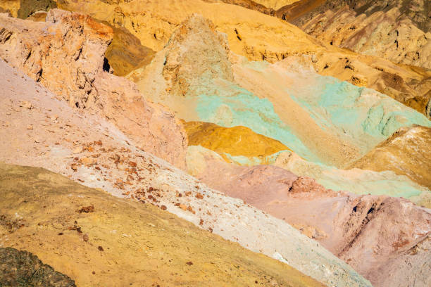 Scenic view of Artist Palette - hills covered in colorful volcanic deposits in Death Valley National Park, California