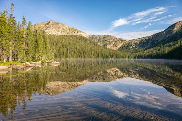 istock Tranquil mountain lake reflecting blue sky and forest 1938822643