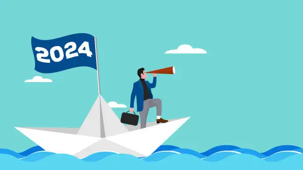 Vector illustration of Illustration of a businessman sailing on a paper boat with 2024 waving flag while scouting for business opportunities using a telescope, business opportunities, happy new year 2024