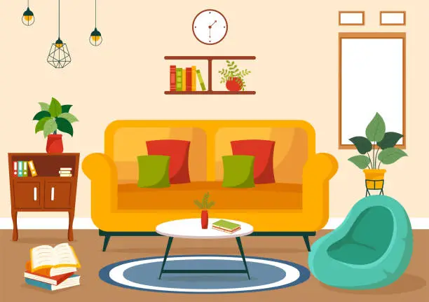 Vector illustration of Home Decor Vector Illustration with Living Room Interior and Furniture such as Comfortable Sofa, Window, Chair, House Plants and Accessories