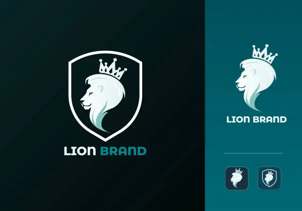 Vector illustration of Lion Logo Design Vector Template.
Modern Abstract Royal Lion Brand Logo Illustration with Shield, Crown icon. Strength, King, Brave, Beast, Lio, hunting, predator, regal, Sign or Symbol Logo Element.