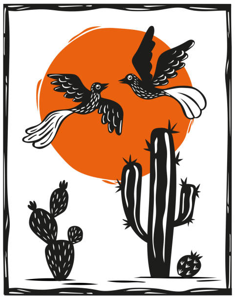Landscape with scorching sun, couple of birds flying and many cacti in a desert. Cordel style woodcut vector Hand-drawn engravings in woodcut style from northeastern Brazil chapel illustrations stock illustrations