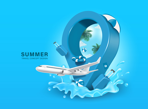 Summer airplane travel destination pinned down at sea with sky view, coconut trees and soft sunlight with luggage or baggage, lifebuoy, passport, vector 3d for summer travel concept design