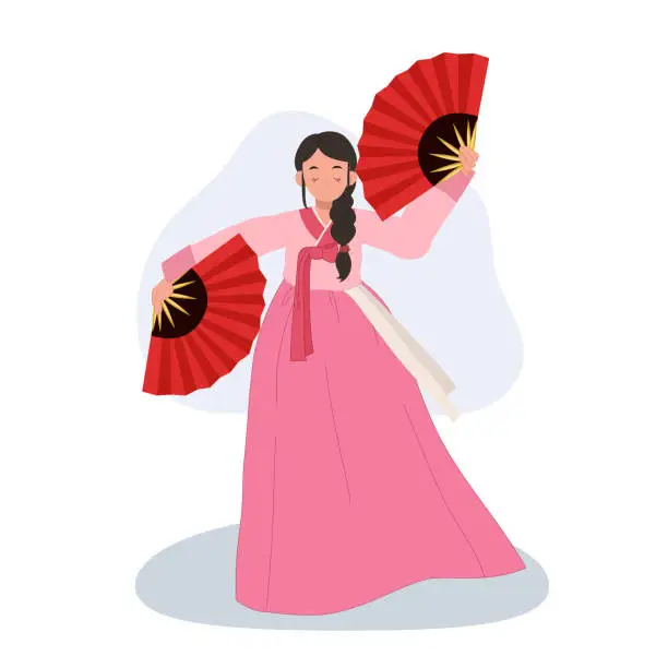 Vector illustration of Korean Woman in Hanbok Performing Traditional Fan Dance.