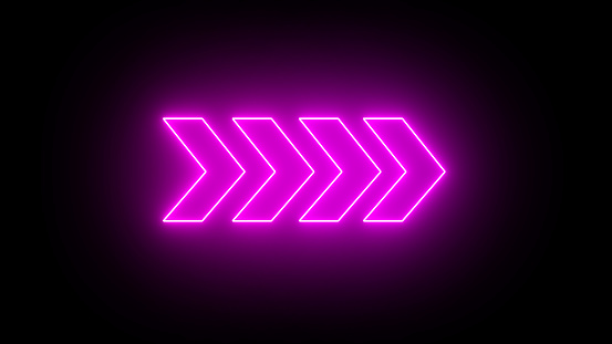 Glowing purple color neon arrows sign.  Right direction arrow on black background. Flashing direction indicators. Victor illustration.