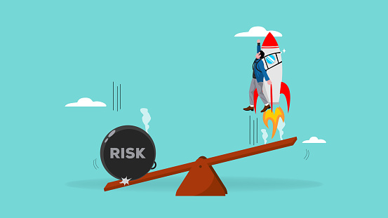 high risk high return stock market illustration, financial investment strategy, investment high risk high expected return illustration, businessman drops a weight to launch a rocket using a seesaw