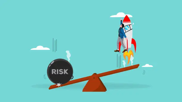 Vector illustration of high risk high return stock market illustration, financial investment strategy, investment high risk high expected return illustration, businessman drops a weight to launch a rocket using a seesaw