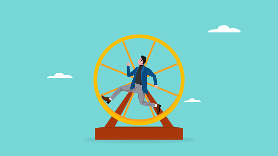 meaningless work concept with businessman running on hamster wheel vector illustration, career stagnation concept, Work In Loop With No Career Path, undeveloped business concept vector illustration