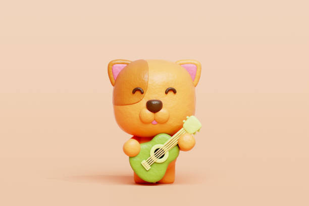 3D cute dog playing guitar, Cartoon animal character, 3D rendering.