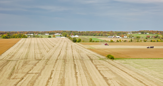 Aerial view of farmland near Opdyke, a census-designated place in the southeastern part of Jefferson County, Illinois, on an overcast day in Fall.