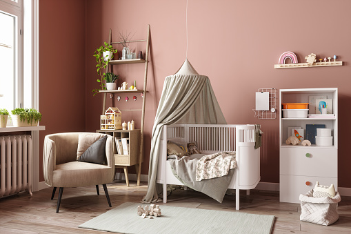 Modern Baby Room Interior With Messy Crib, Cabinet, Armchair, Toys And Plants