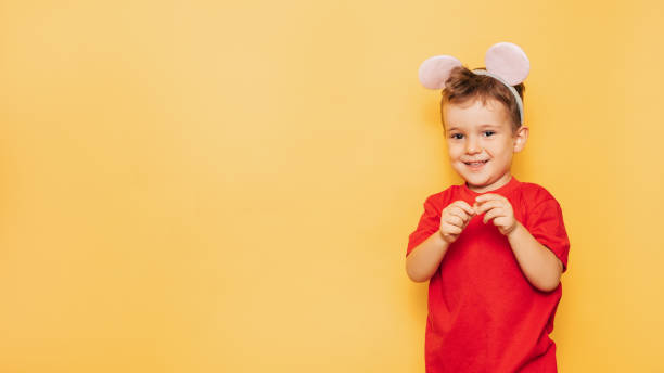 Studio portrait of a Caucasian boy in a mouse costume on a bright yellow background, with a place for your text or advertising.
