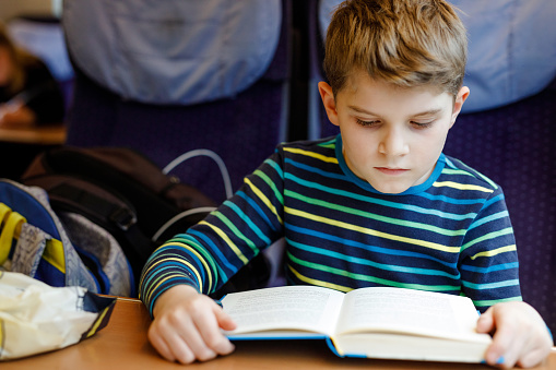 Cute adorable kid boy reading book during traveling by train. Happy child sitting near window. Family going on vacations. Active leisure during a journey trip.