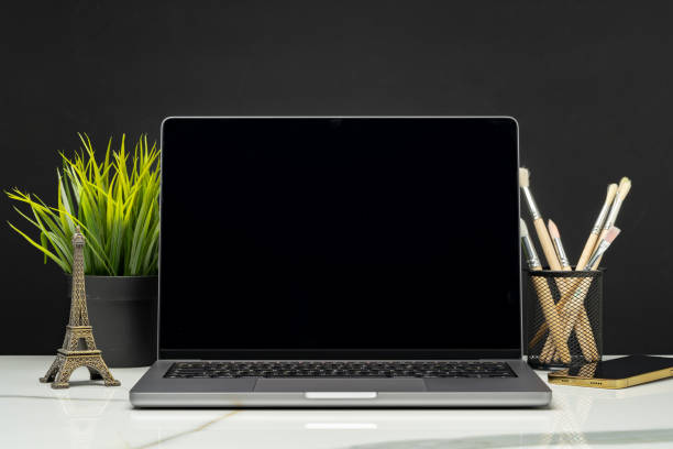 istock Laptop with green leafy potted plant on black background 1939037518