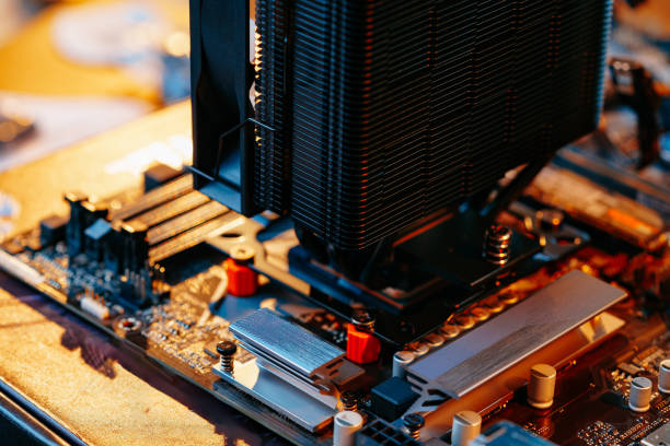 Computer part circuit board processor close up photo
