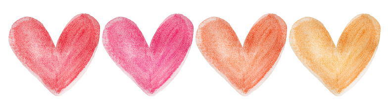 four multi-colored hearts in a row drawn with watercolor paints on a white isolated background