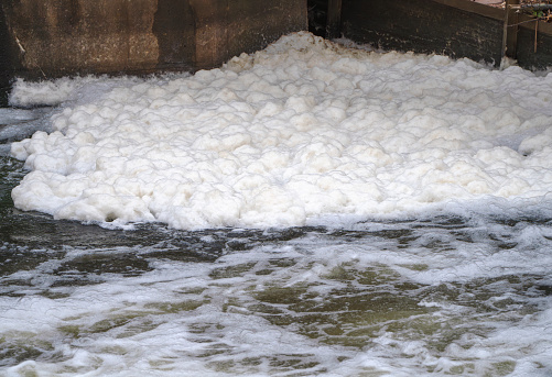 pollution of river, close up white foam floating on river