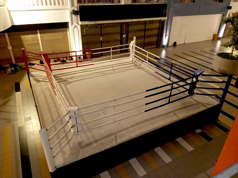 A boxing ring is a square, raised platform with ropes around it, used for boxing matches.\nThe ring is usually marked off by posts and ropes, and has a padded floor. Located in Sutos Public Mall , Surabaya city, Indonesia. It is free enter and it doesn't need tickets to go inside because the boxing ring is used for marketing promotion purpose.