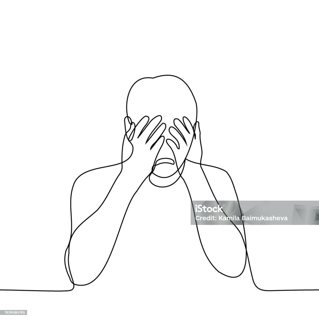 Single Line Drawing Crying Man Crying Covering His Face With His Hands One Line Drawing Vector ...