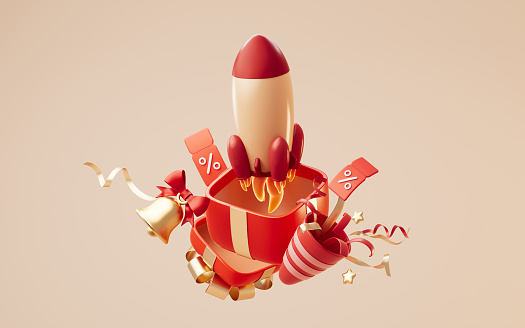 Opening gift box and rocket, 3d rendering. 3D illustration.