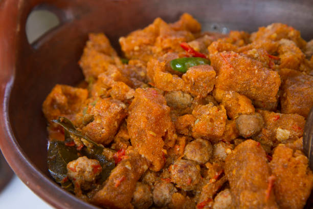 Javanese spicy stew of cattle skin crackers (krecek). typical side dish for gudeg. served in a traditional earthenware wok Javanese spicy stew of cattle skin crackers (krecek). typical side dish for gudeg. served in a traditional earthenware wok gudeg stock pictures, royalty-free photos & images
