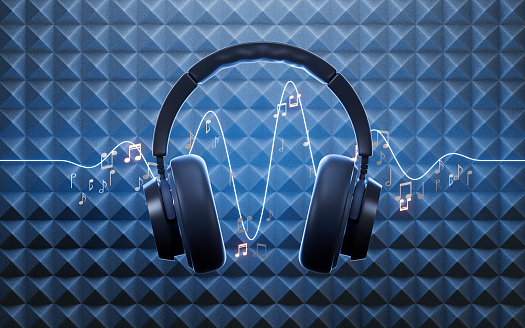 Noise-canceling headphone with sound-absorbing cotton background, 3d rendering. 3D illustration.