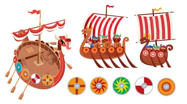 Vector illustration of Viking Ships and Shields