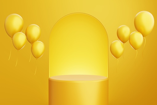 product background gold platform or podium with balloon and blank display platform 3d illustration rendering