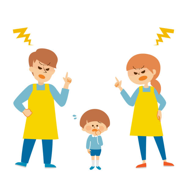 erzieherin ärgert sich über kind niedliches illustrationsmaterial
​ - two parent family displeased anger furious stock-grafiken, -clipart, -cartoons und -symbole