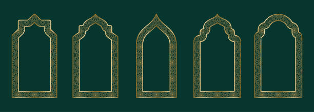 gold arch frame shape islamic door or window with geometric girikh pattern, silhouette arabic arch. luxury set in oriental style. frames in arabic muslim design for ramadan kareem. vector illustration - mirror ornate silhouette vector stock illustrations