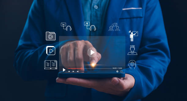 istock Person who attends online lessons on a virtual screen tablet. E-learning education, internet lessons and online webinar. Education internet Technology. 1939121655