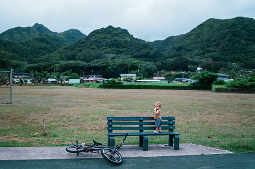 Portrait of an adorable and curious Eurasian one year old boy standing on a park bench in Hawaii and looking directly at the camera, with lush mountains in the background.