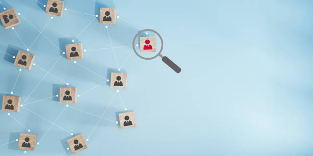 istock Wooden cube block print screen person icon which link connection network for organisation structure social network and teamwork concept. 1939140956